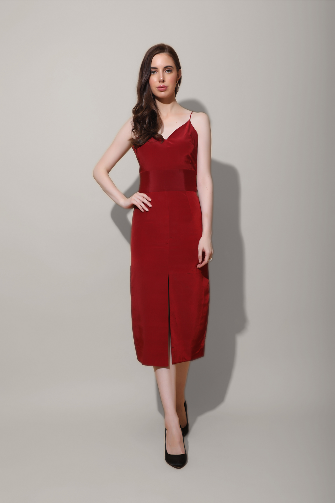 Scarlet Red Front Slit Midi Dress