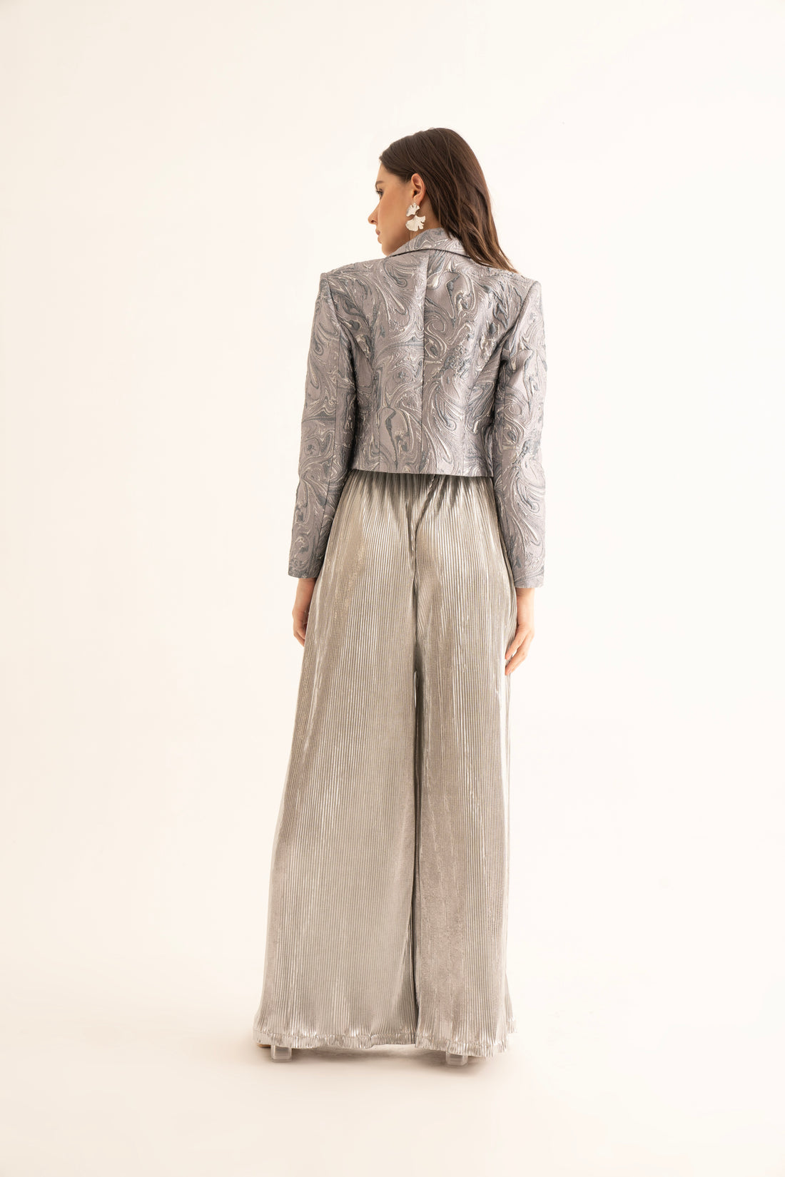 Silver Frost Crop Blazer, Crop Top and Silver Pleated Belted Pants Co-ord Set