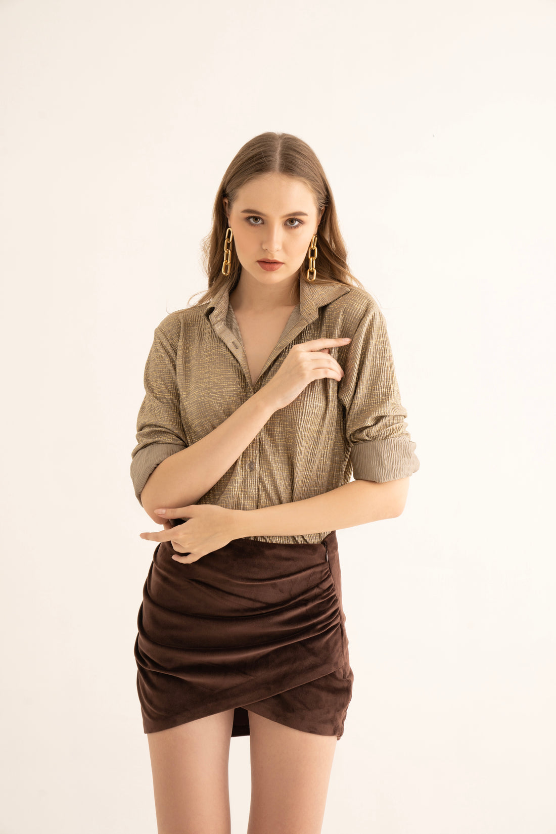 Brown Foil Pleated Oversized Shirt and Velvet Draped Mini Skirt Co-ord Set