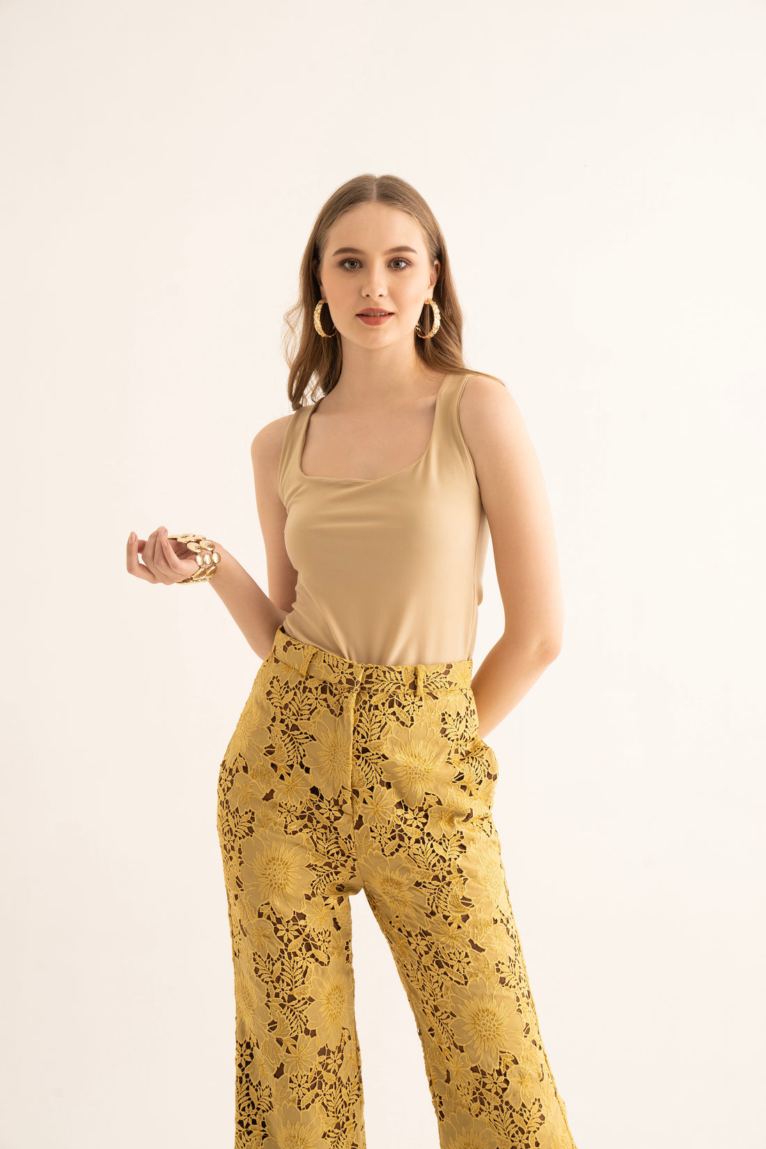 Cream Square Neck Top and Mellow Yellow Pants Co-ord Set