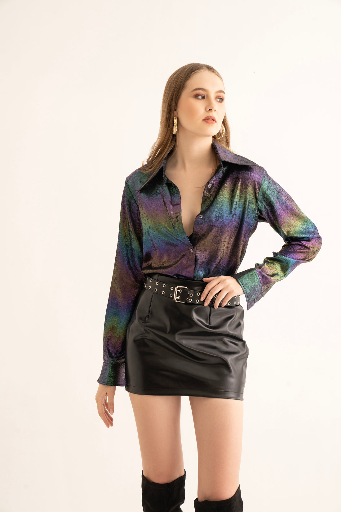Nightfall Shimmer Oversized Shirt and Black Leather Mini Skirt Co-ord Set