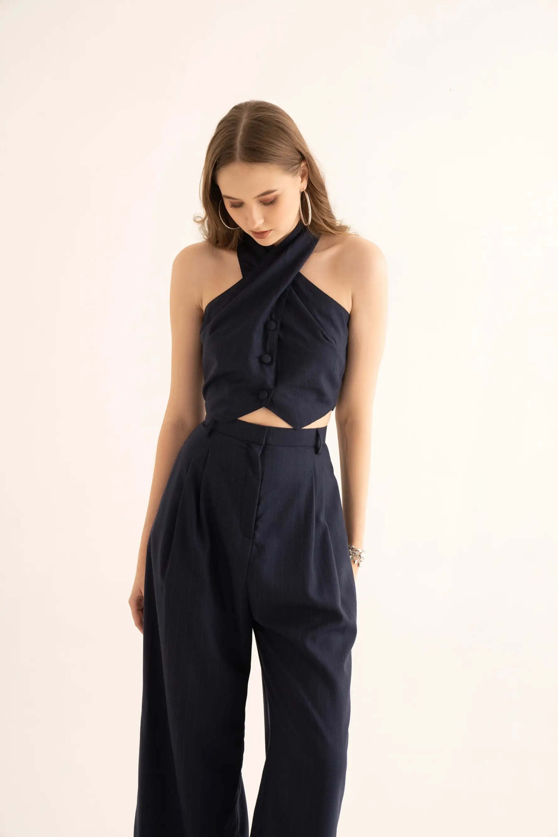 Black Pinstripe Halter Waistcoat and Suiting Pants Co-ord - SET