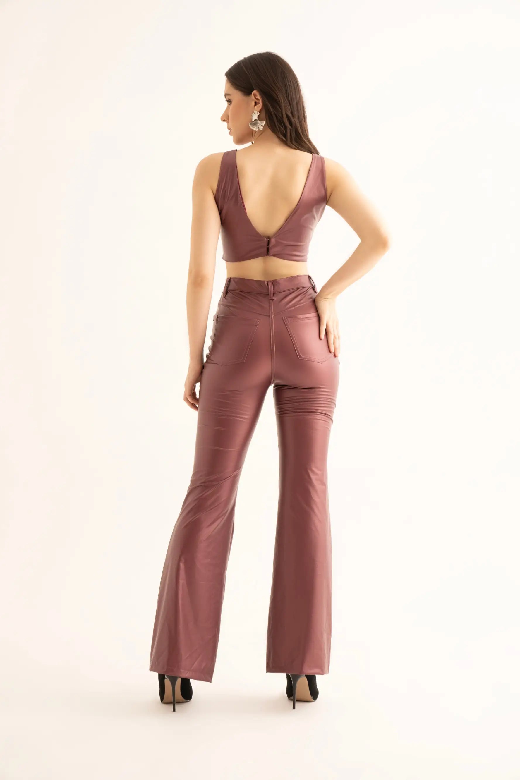 Cherry Red Faux Leather Flared Pants - PANTS