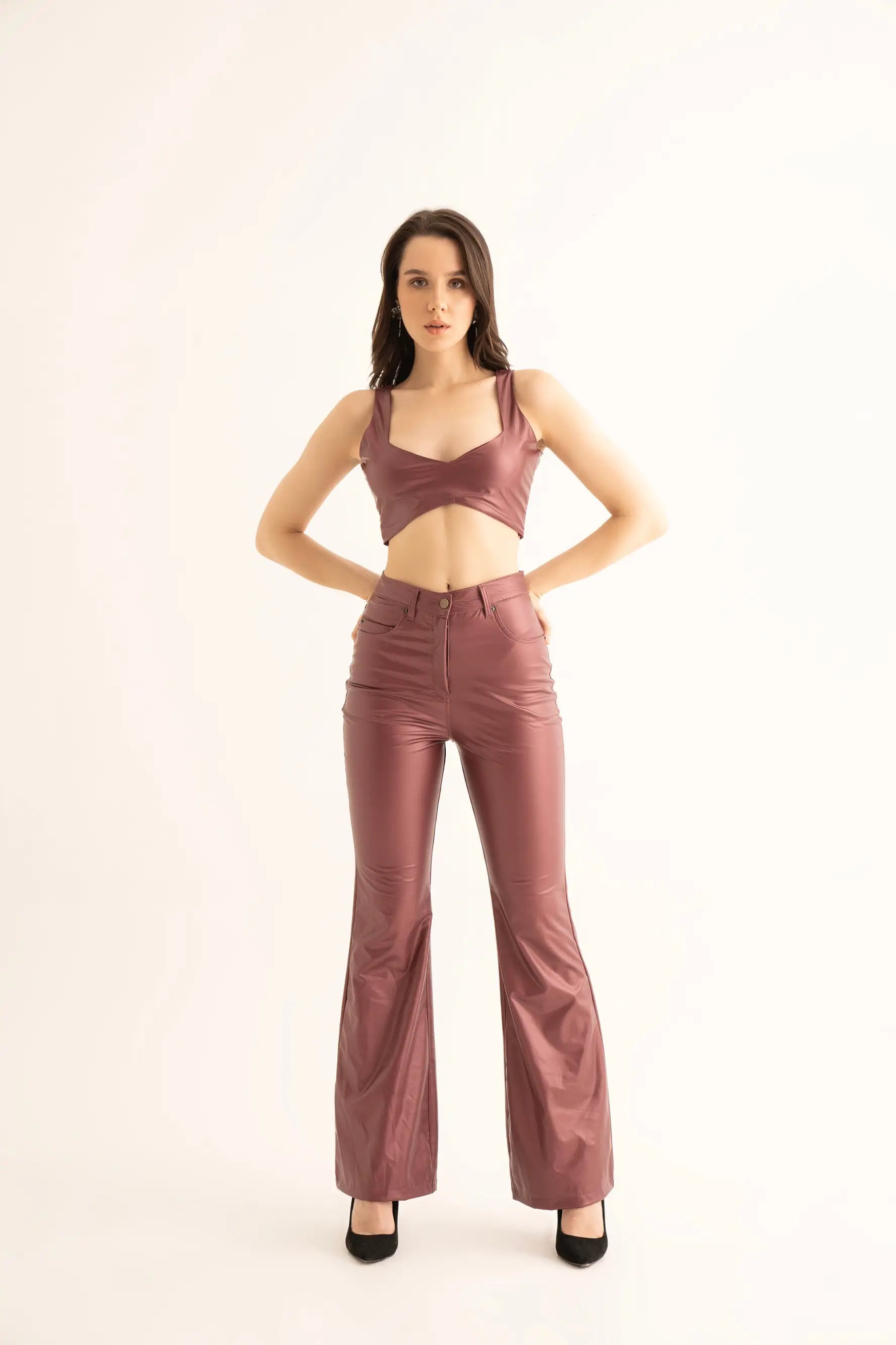 Cherry Red Faux Leather Flared Pants - PANTS
