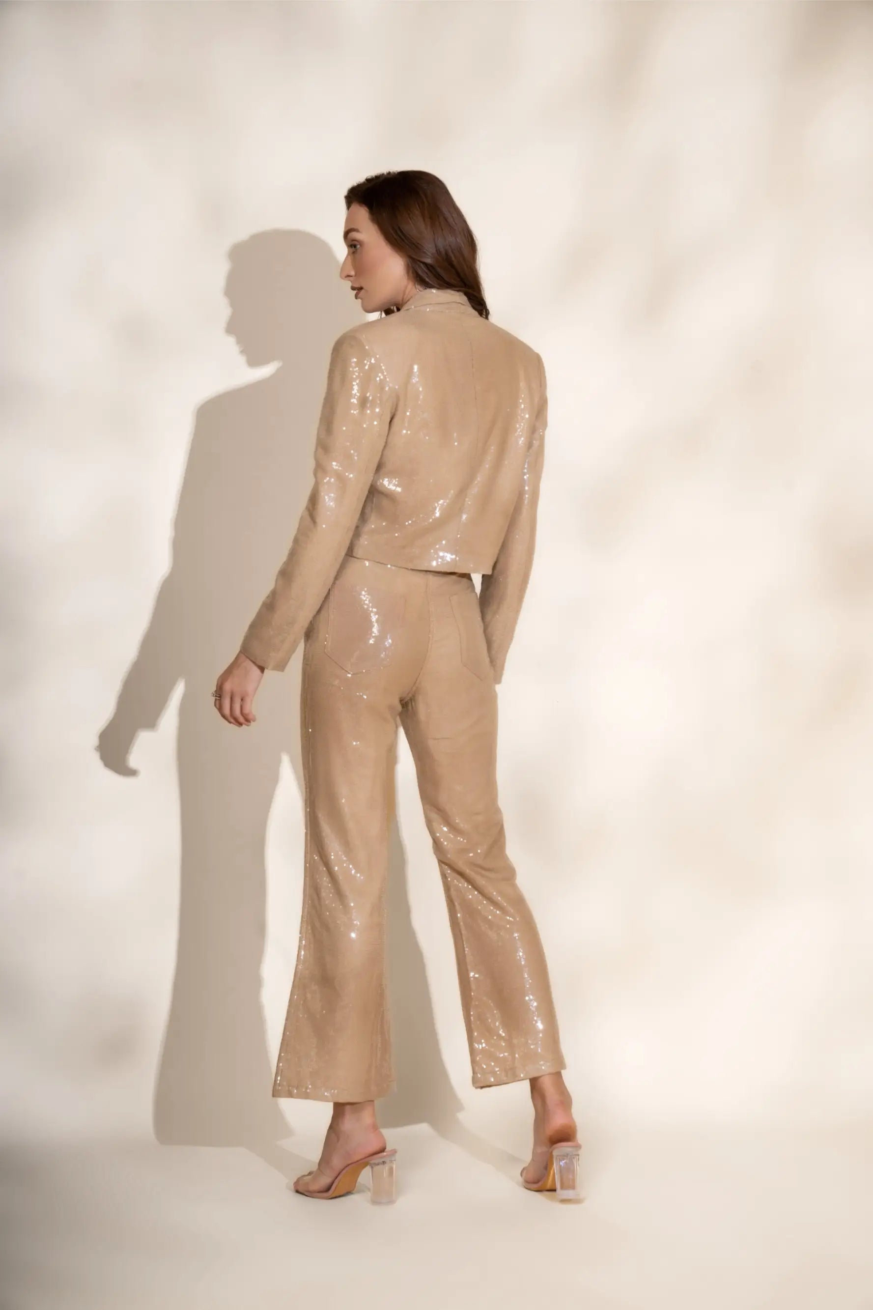 Cream Sequins Crop Blazer and Cream Sequins Pants Co-ord Set - SET