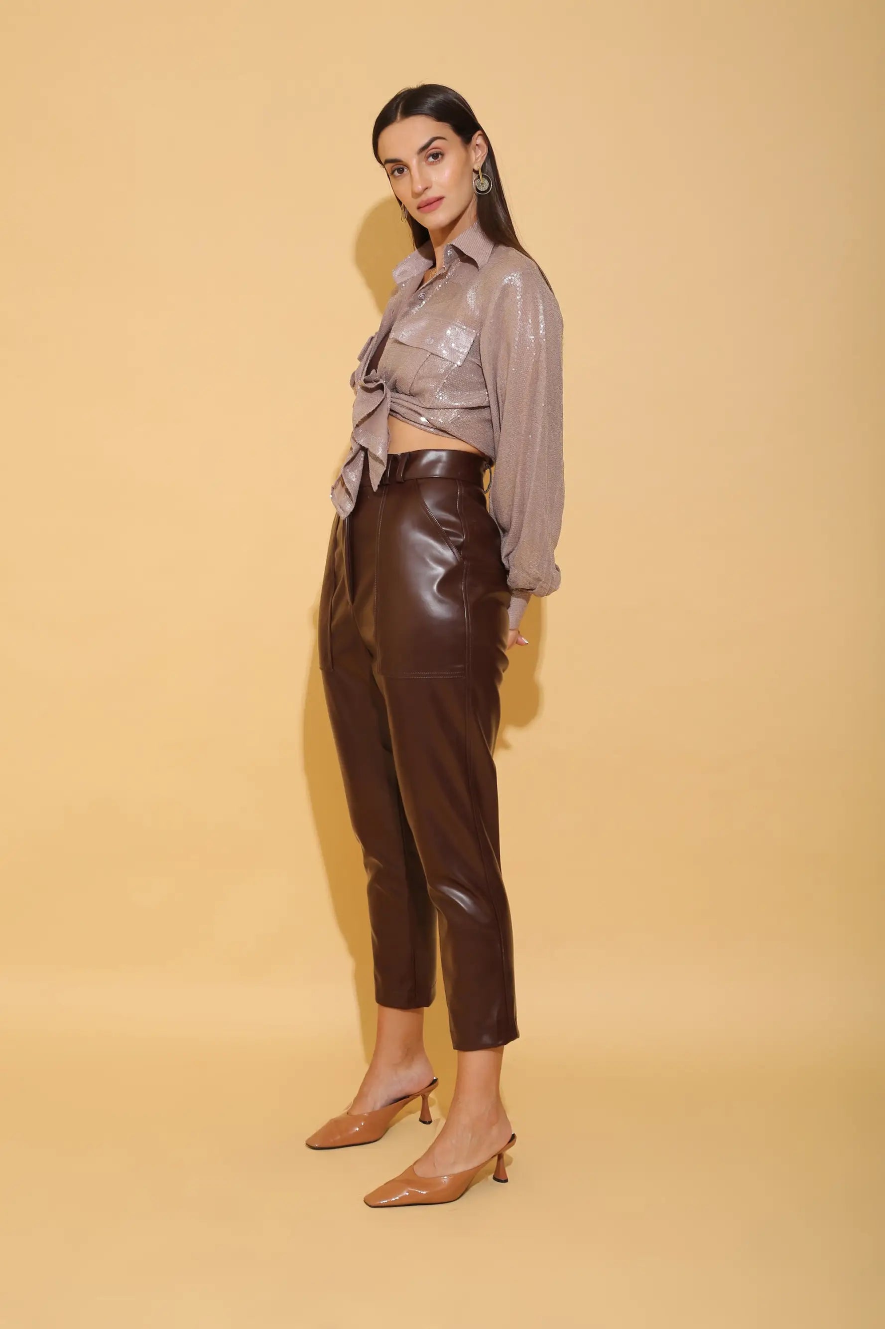 Grey Sequins Shirt and Brown Leather Co-ord Set - SET