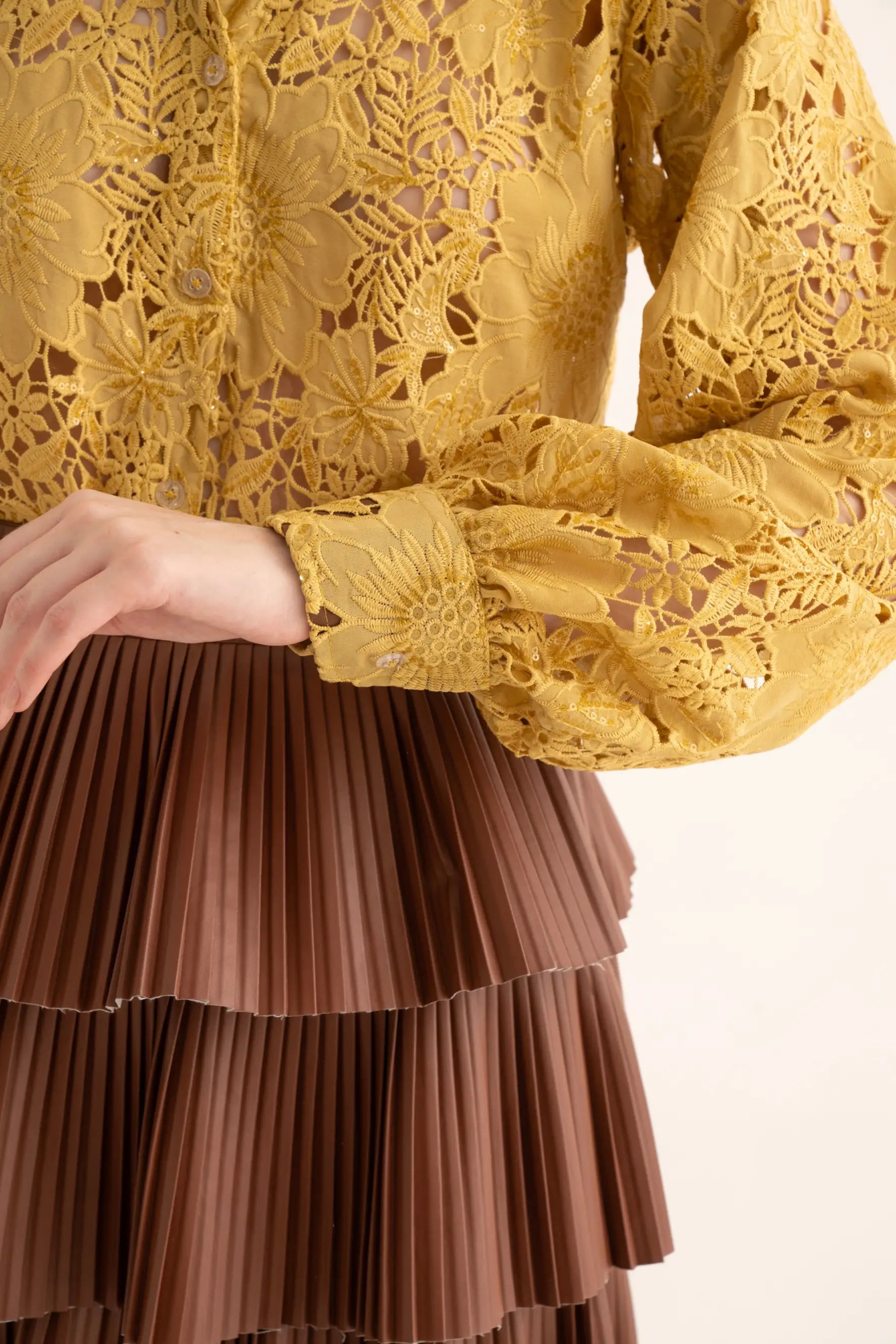 Mellow-Yellow Cut Work Shirt and Brown Skirt Co-ord Set - SET
