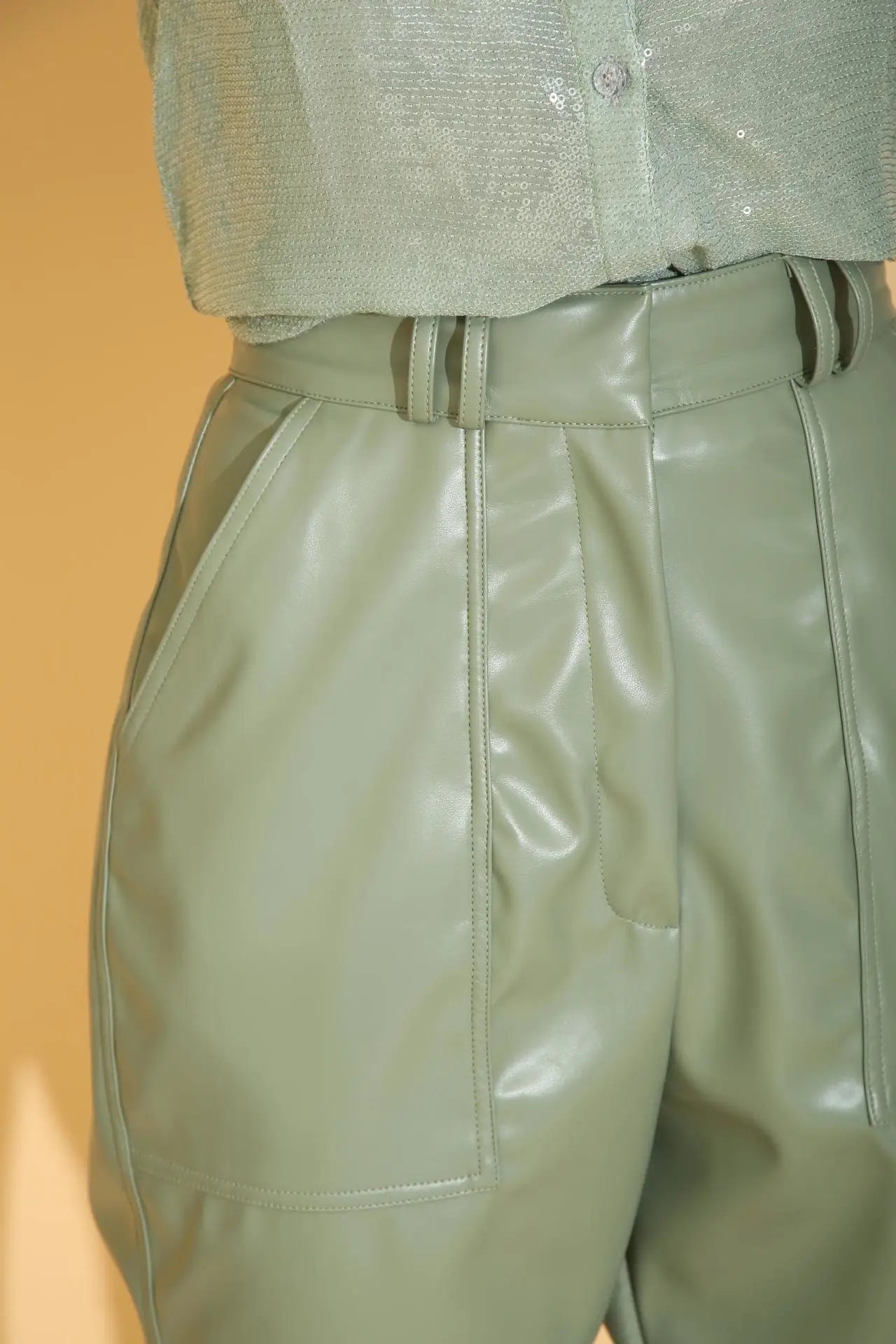 Sage Green Faux Leather Pants - PANTS