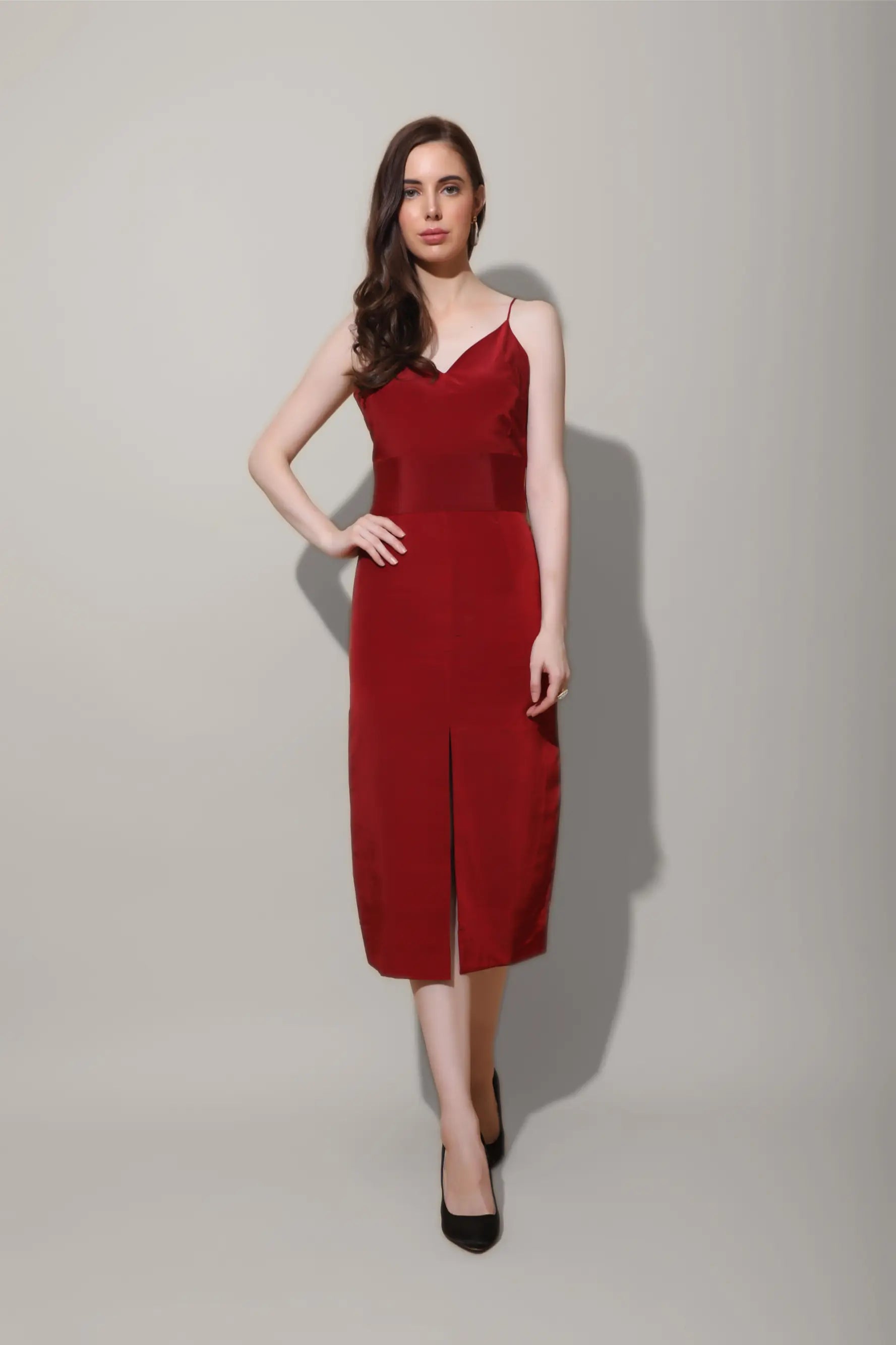 Scarlet Red Front Slit Midi Dress1