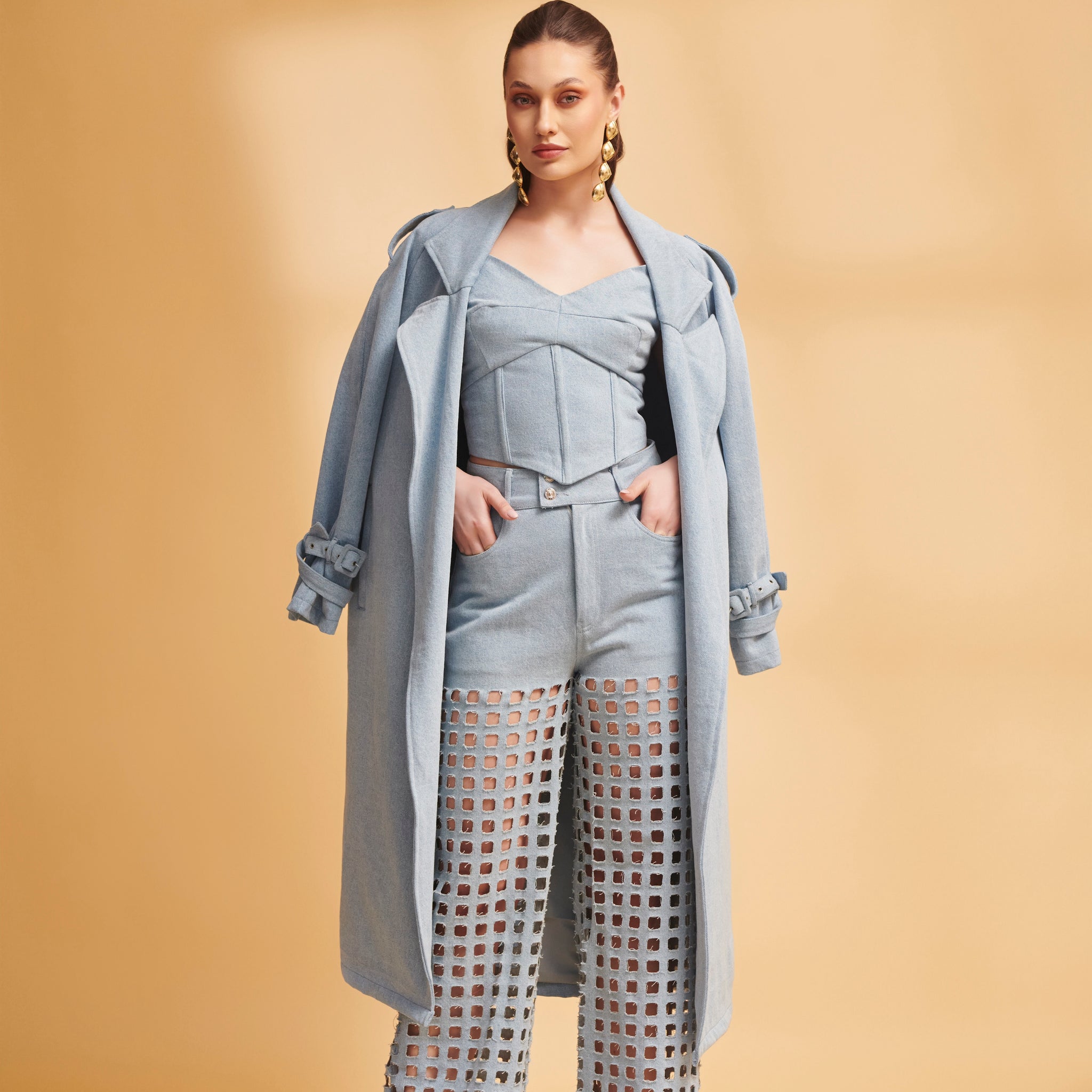 ETHER Denim Trench and Cutwork Jeans Co-ord Set