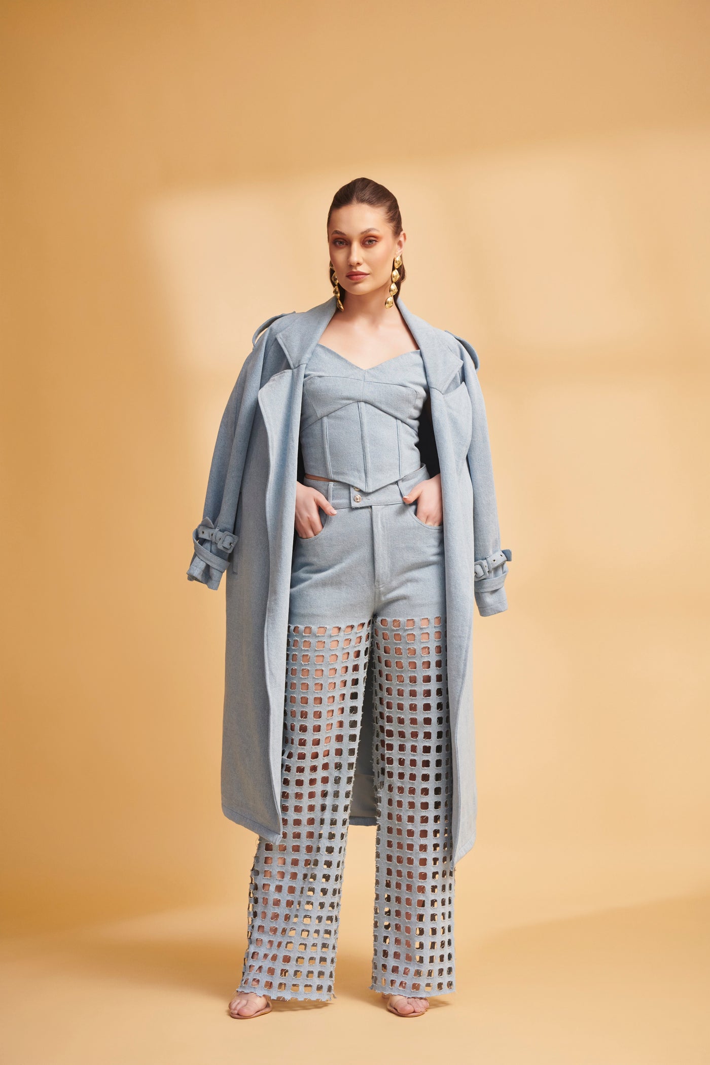 ETHER Denim Trench and Cutwork Jeans Co-ord Set