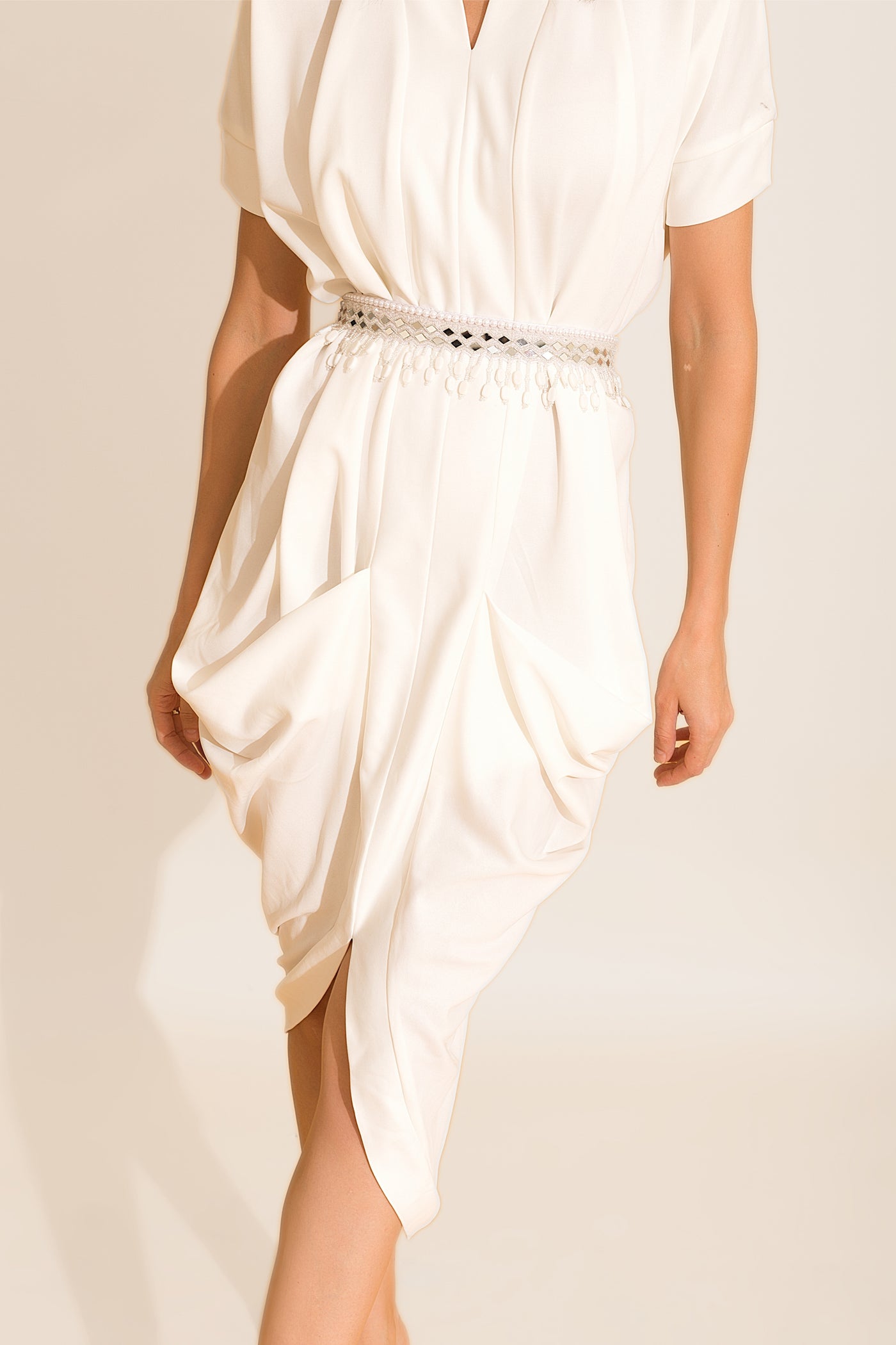 White Double Cowl Dress with White Tassel Belt Set
