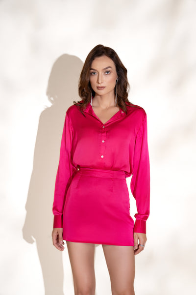 Fuchsia Satin Shirt and Satin Skirt Co-ord Set