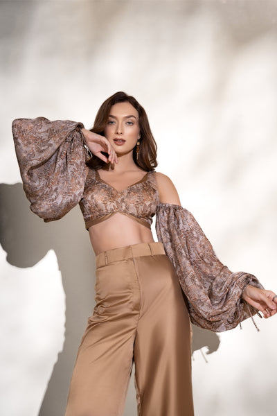 Auric Gold Printed Crop Top and Pants Co-ord Set