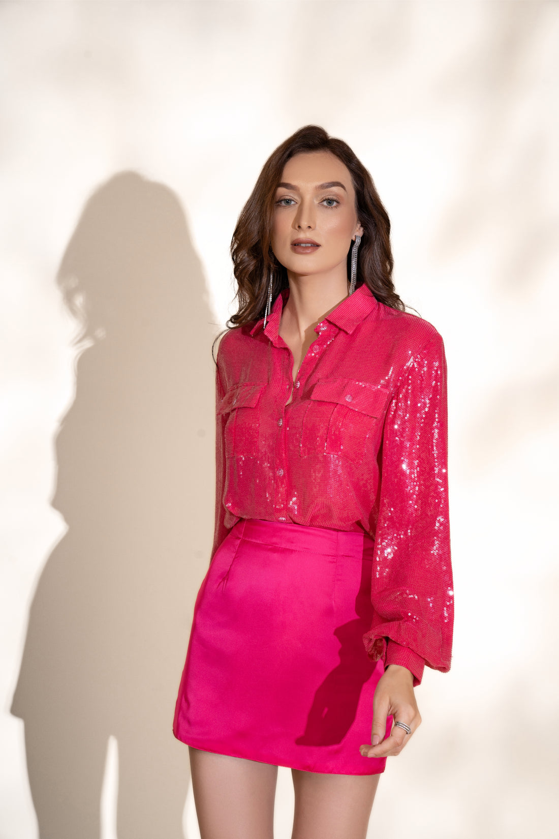 Fuchsia sequins shirt and Fuchsia Satin skirt Co-ord Set