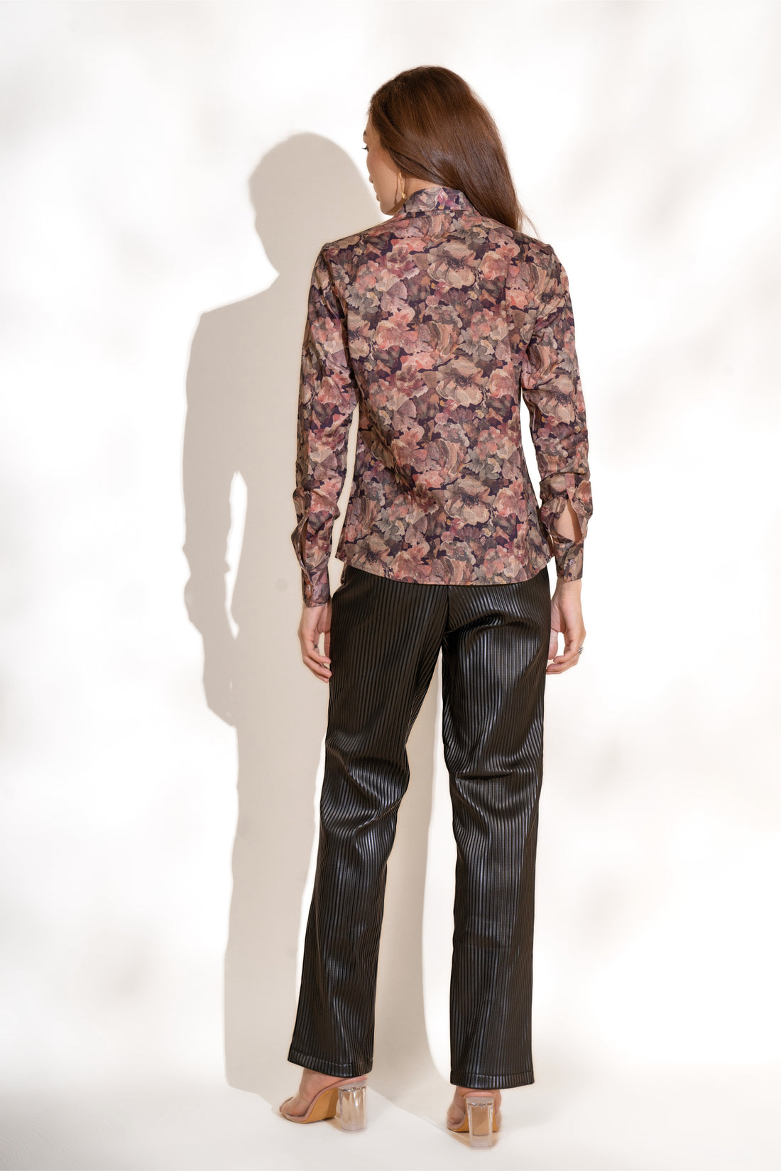 Mulberry Printed Shirt and Black Pleated Pants Co-ord Set