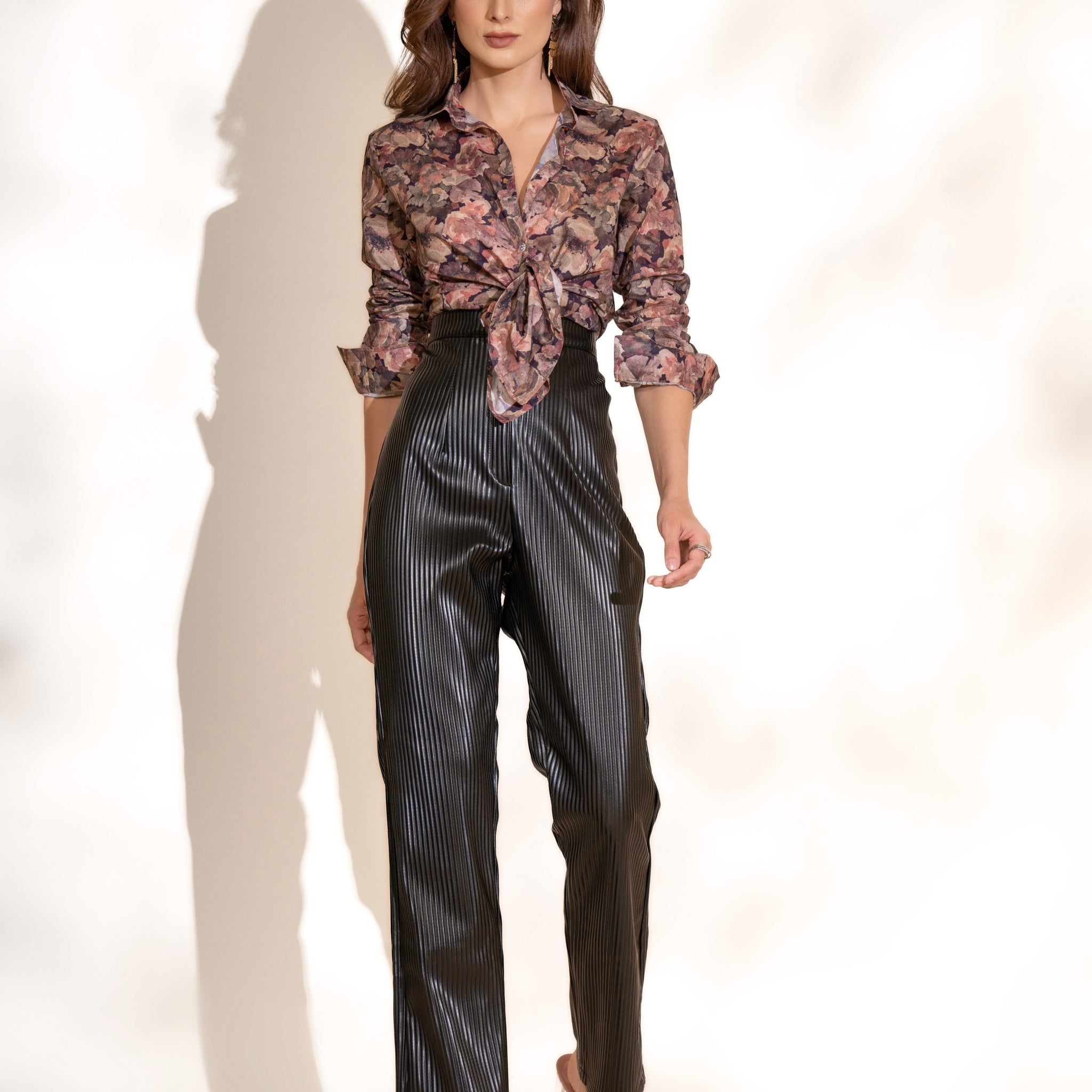 Mulberry Printed Shirt and Black Pleated Pants Co-ord Set