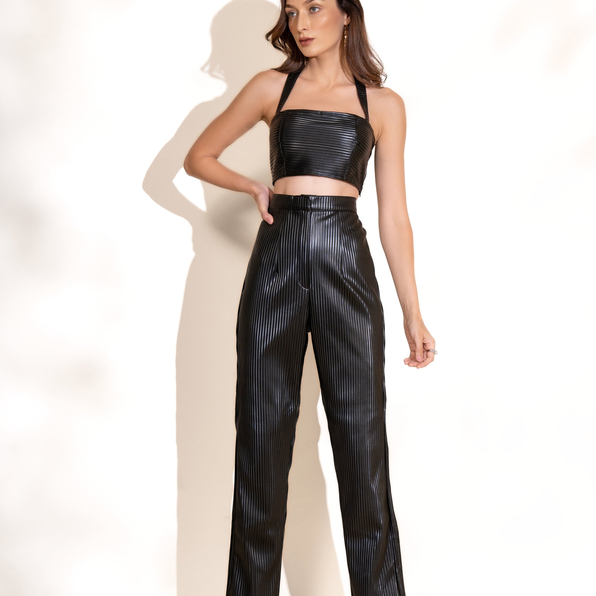 Black Pleated Leather Crop Top and Pants Co-ord Set