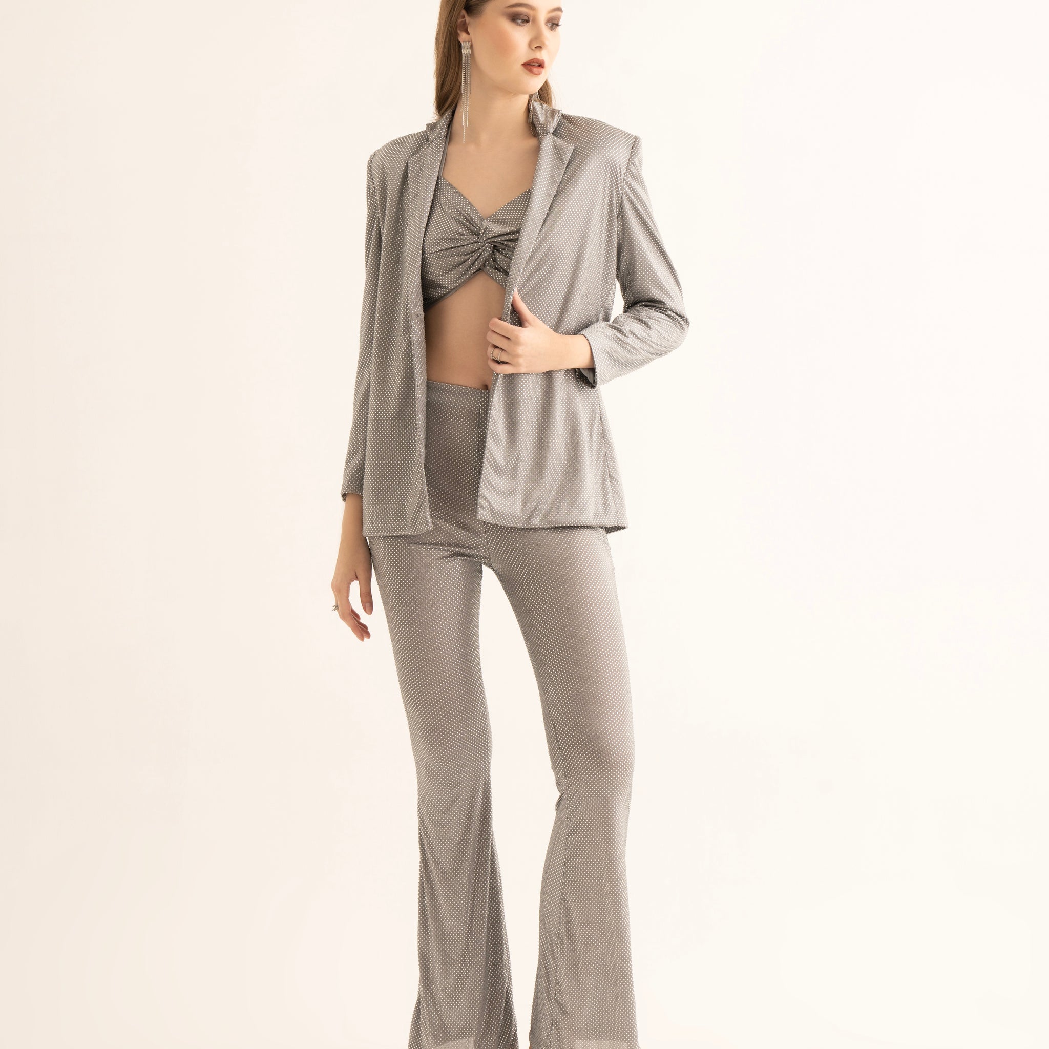 Silver Rhinestone Blazer and Bell Bottoms Co-ord Set