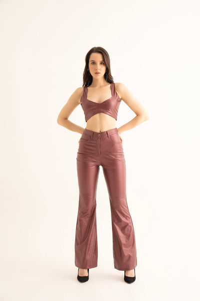 Cherry Red Faux Leather Flared Pants