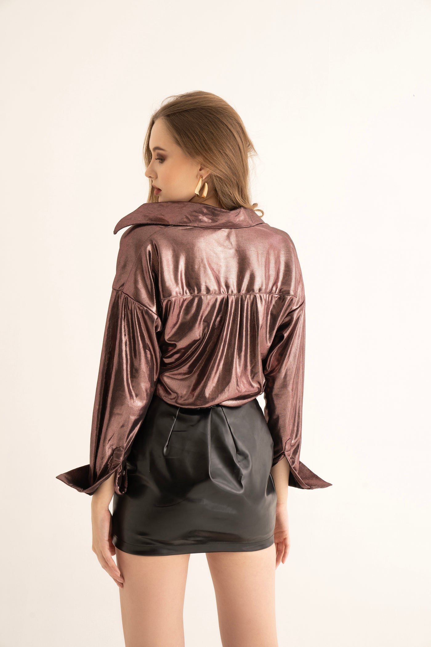 Metallic Copper Oversized Shirt and Black Leather Mini Skirt Co-ord
