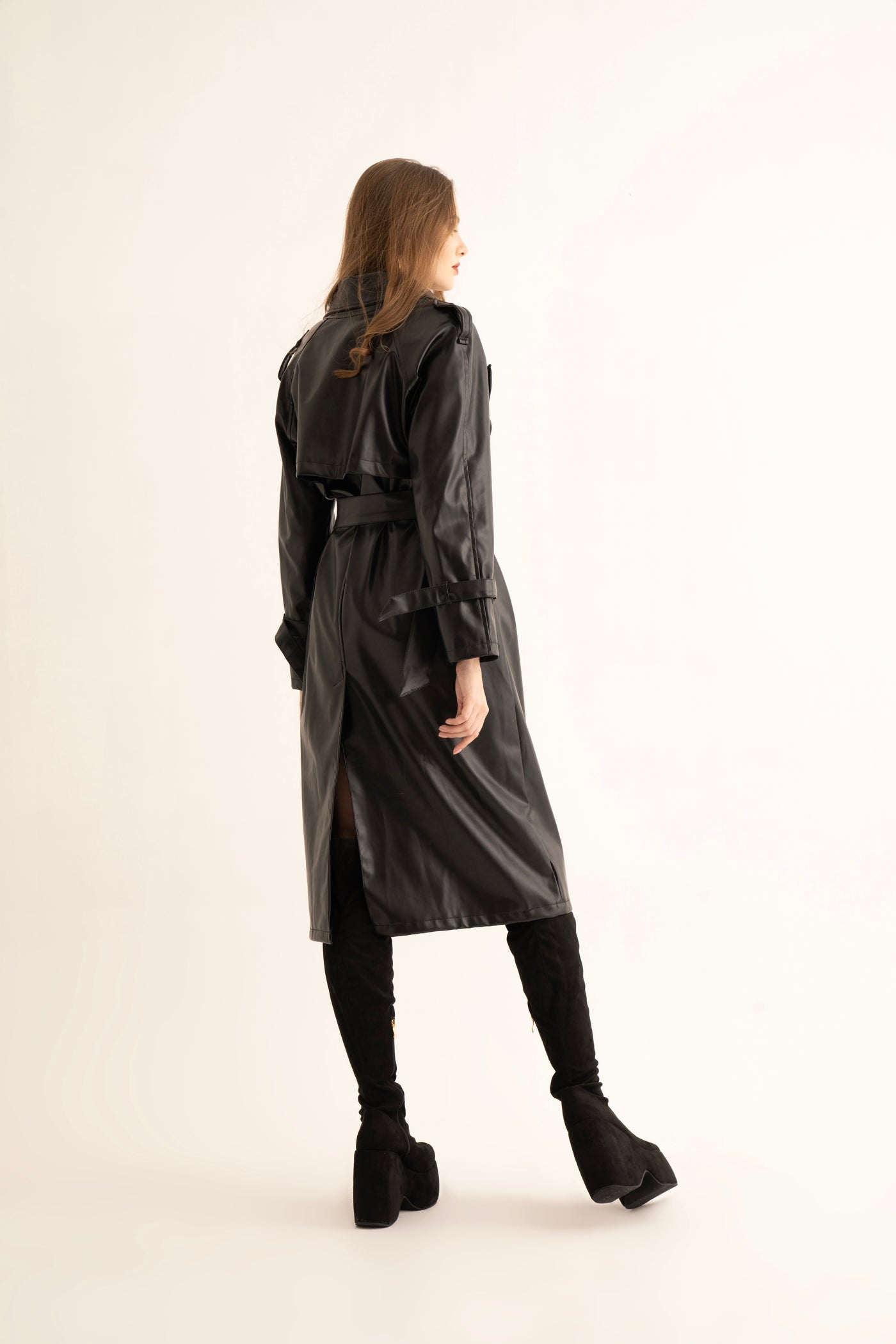 Black Faux Leather Trench