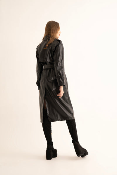 Black Faux Leather Trench