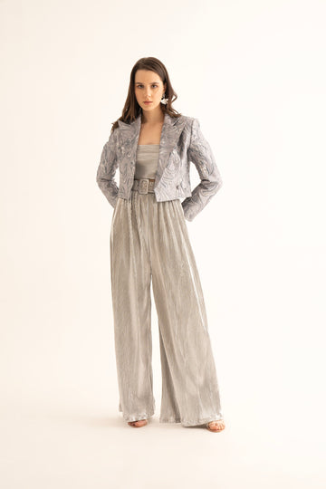 Silver Frost Crop Blazer, Crop Top and Silver Pleated Belted Pants Co-ord Set