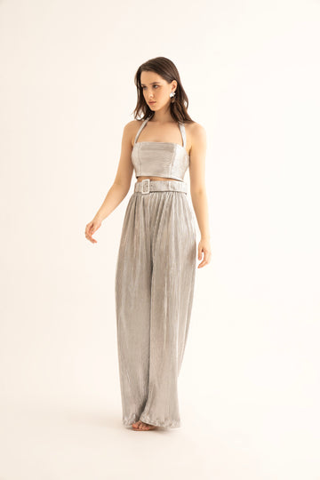 Silver Pleated Crop Top and Belted Pants Co-ord Set