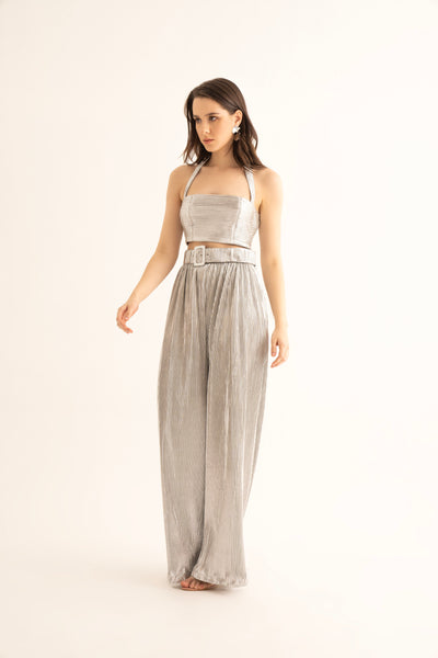 Silver Pleated Crop Top and Belted Pants Co-ord