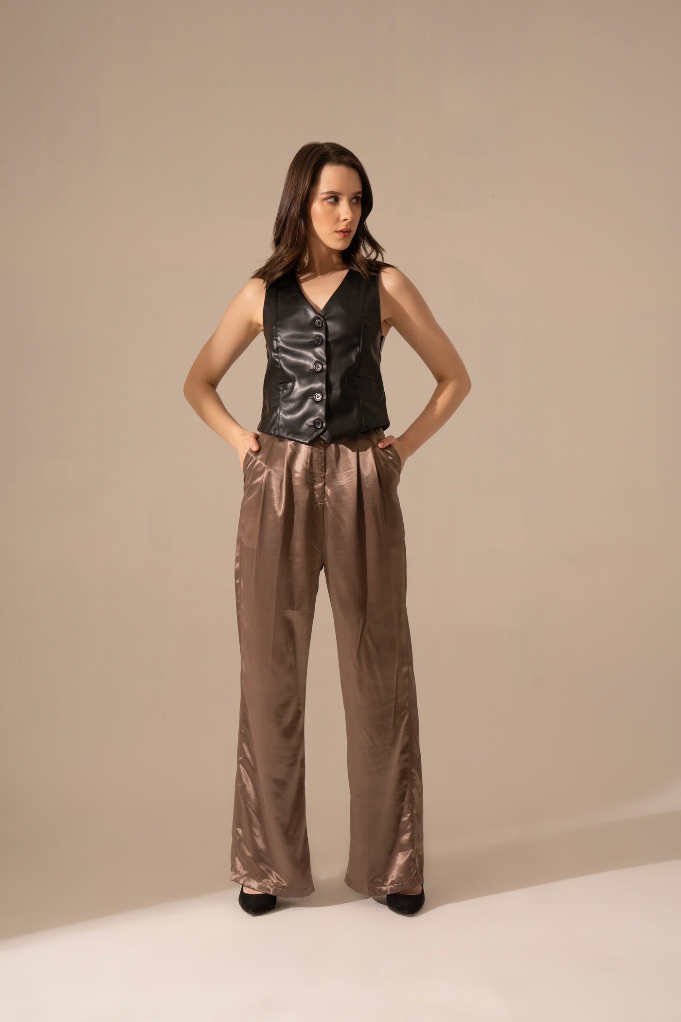 Black Faux Leather Waistcoat and Satin Korean Pants Co-ord