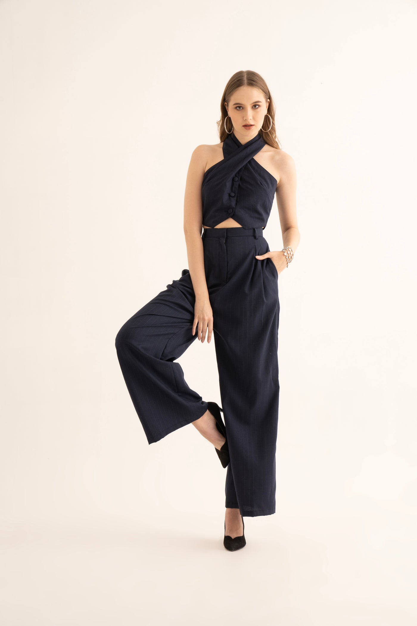 Black Pinstripe Halter Waistcoat and Suiting Pants Co-ord