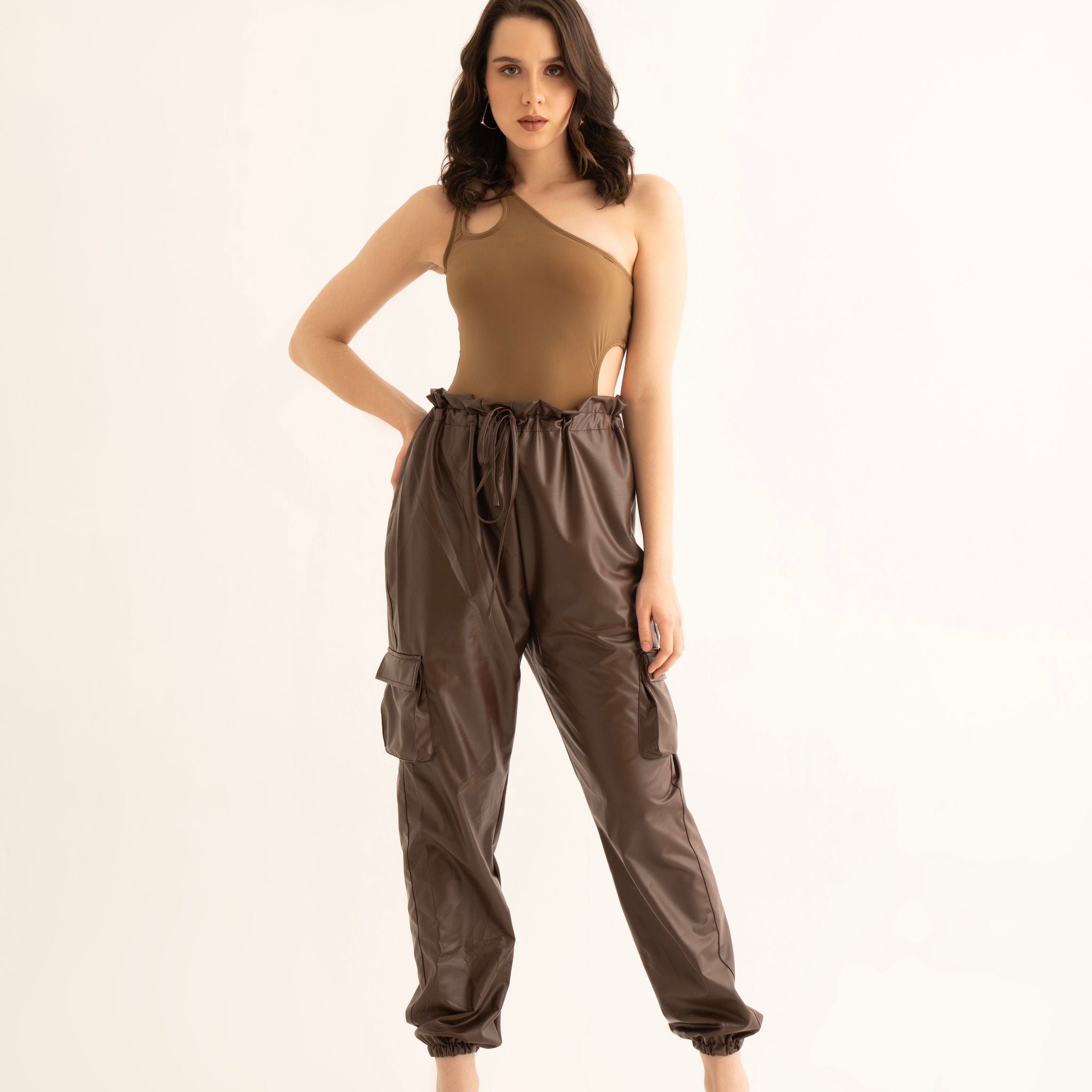 Brown Faux Leather Cargo Pants and Cut-Out Bodysuit Co-ord Set