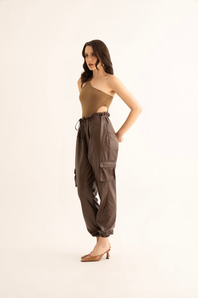 Brown Faux Leather Cargo Pants and Cut-Out Bodysuit Co-ord