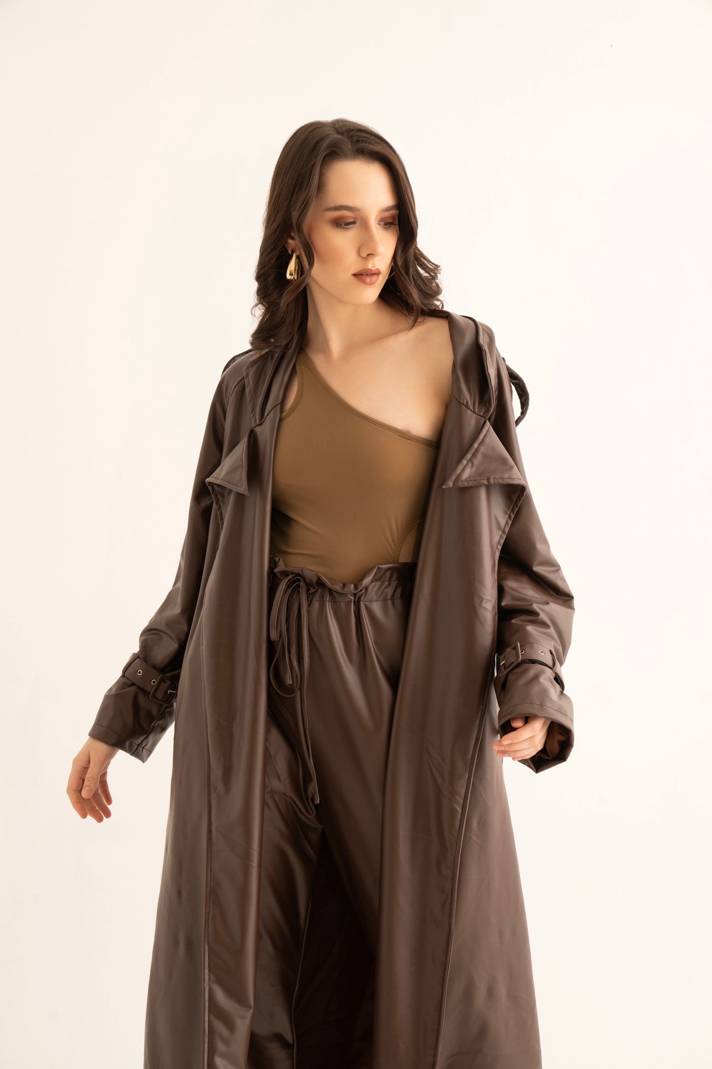 Brown Faux Leather Trench