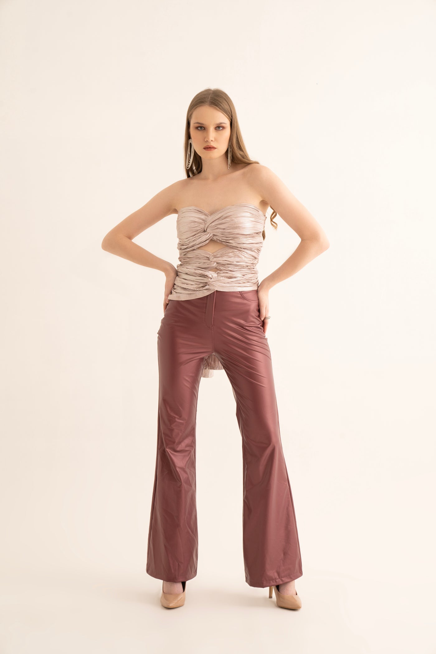 Metallic Rose Cut Out Tube Top and Cherry Red Leather Flared Pants Co-ord