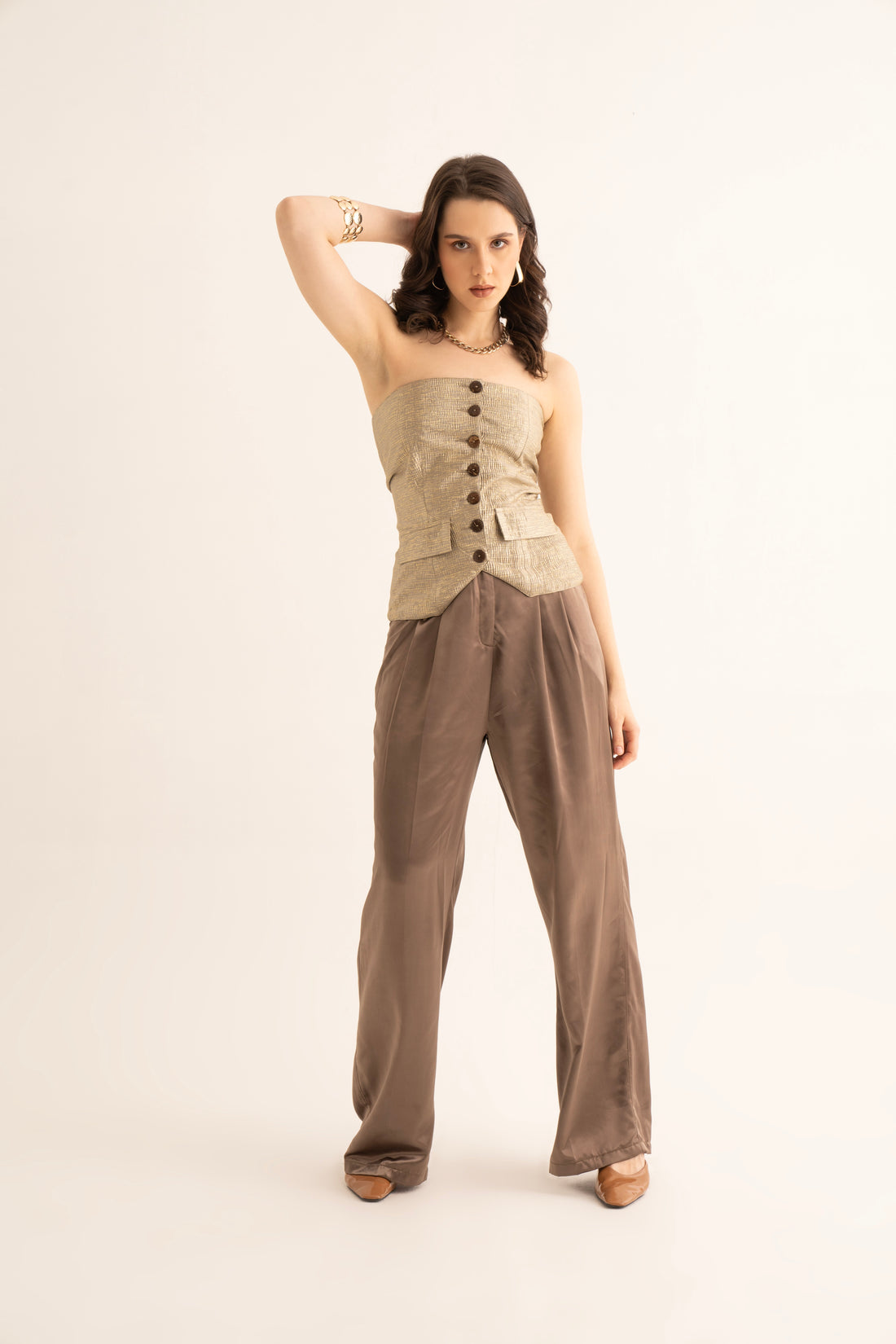 Brown Foil Tube Waistcoat and Satin Korean Pants Co-ord Set