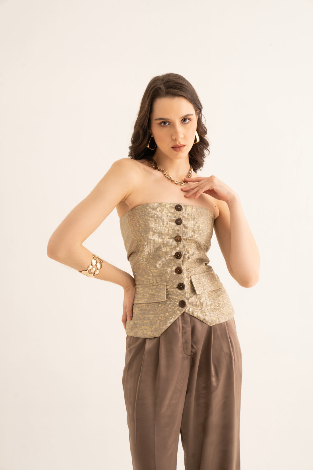 Brown Foil Tube Waistcoat and Satin Korean Pants Co-ord Set