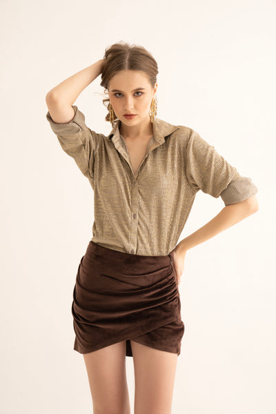 Brown Foil Pleated Oversized Shirt and Velvet Draped Mini Skirt Co-ord