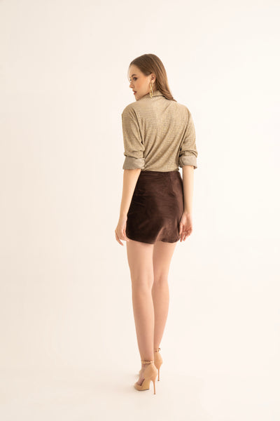 Brown Velvet Draped Mini Skirt