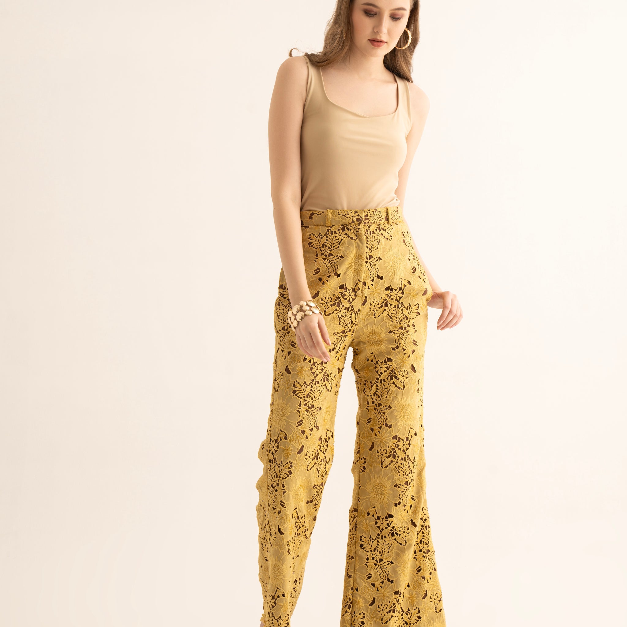 Cream Square Neck Top and Mellow Yellow Pants Co-ord Set