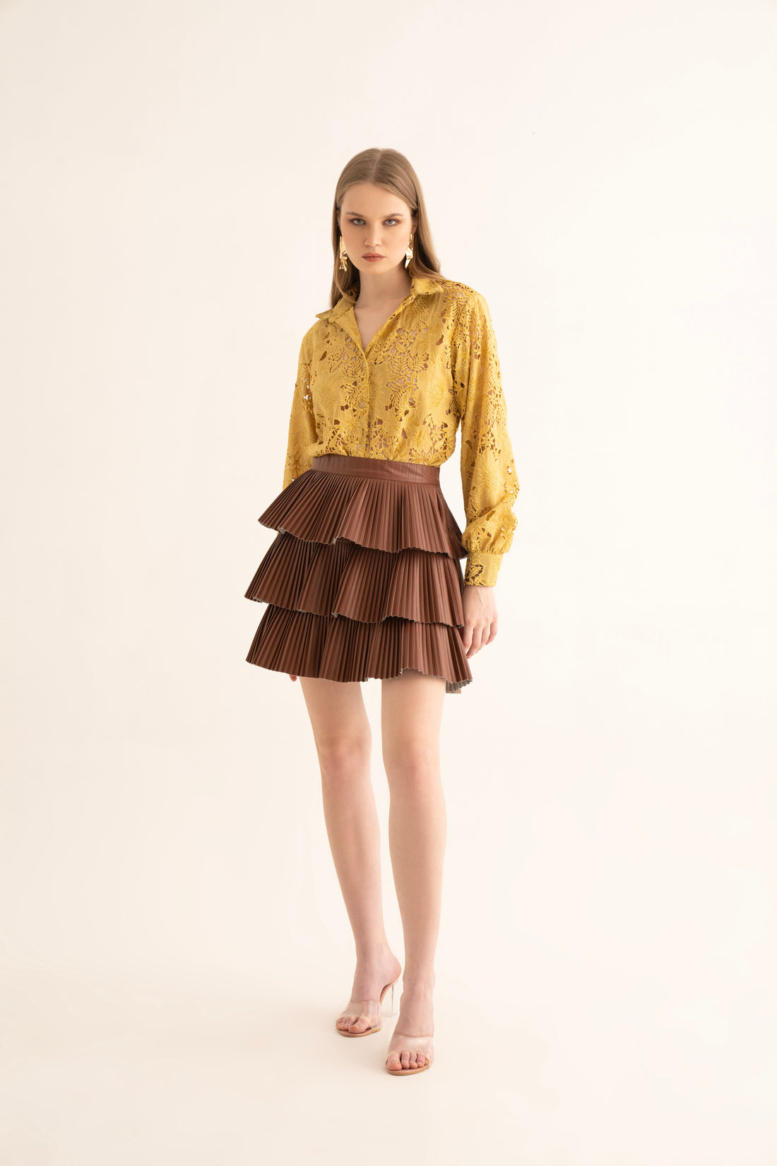 Mellow-Yellow Cut Work Shirt and Brown Skirt Co-ord Set