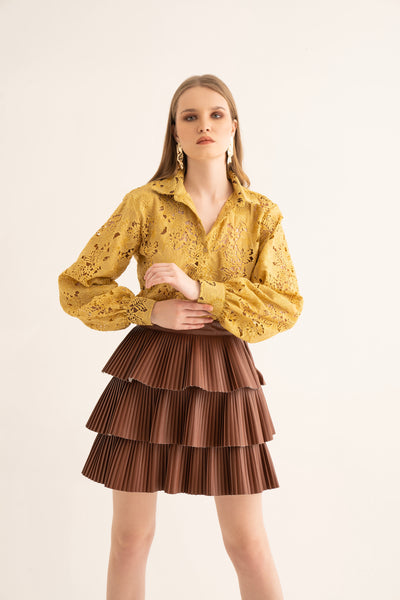 Mellow-Yellow Cut Work Shirt and Brown Skirt Co-ord