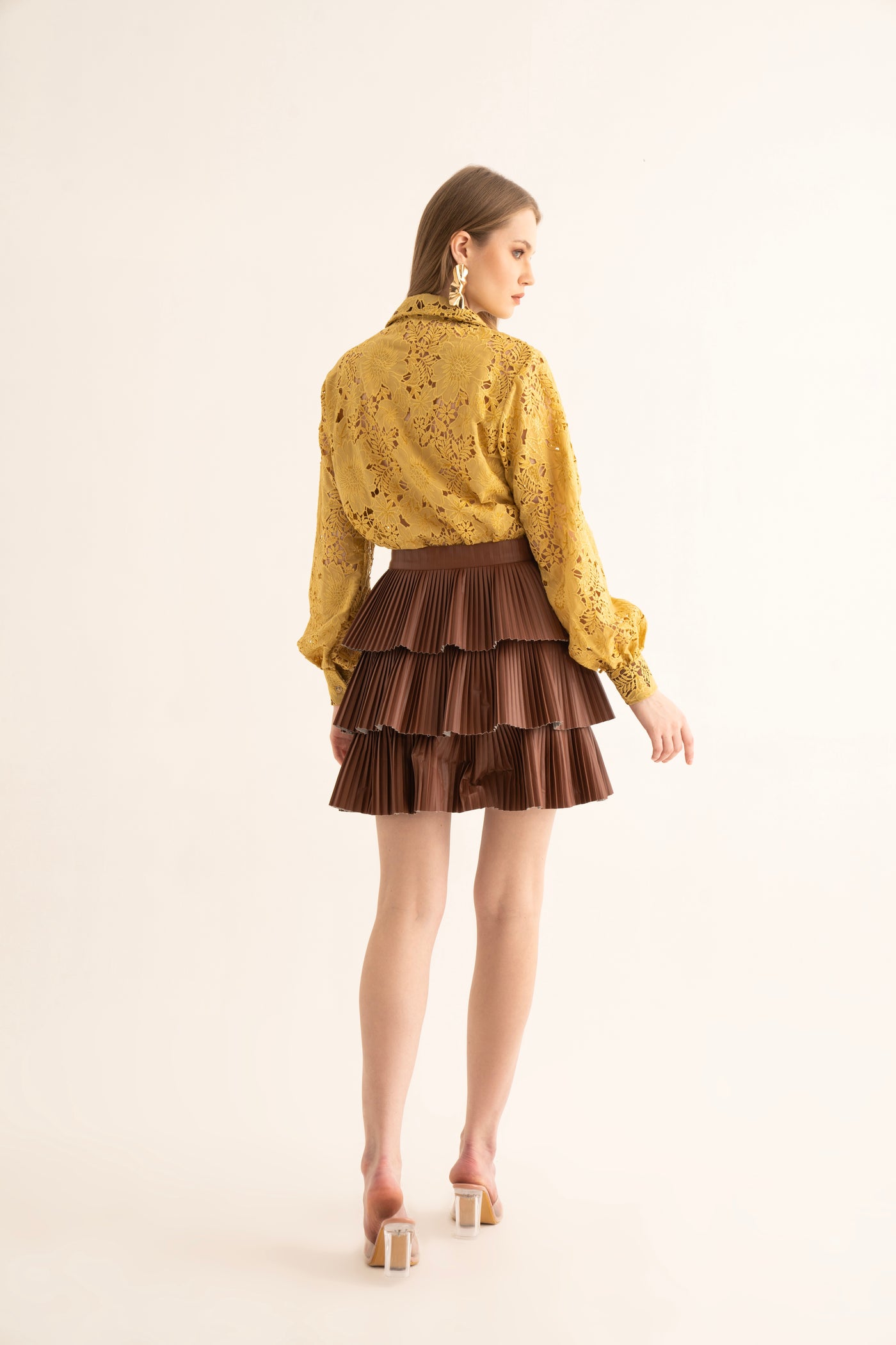 Mellow-Yellow Cut Work Shirt and Brown Skirt Co-ord