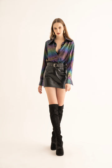 Nightfall Shimmer Oversized Shirt and Black Leather Mini Skirt Co-ord Set
