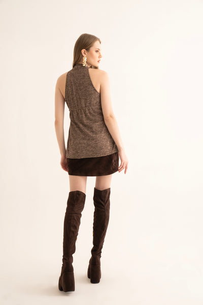 Cocoa Brown Knit Top and Brown Velvet Skirt Co-ord