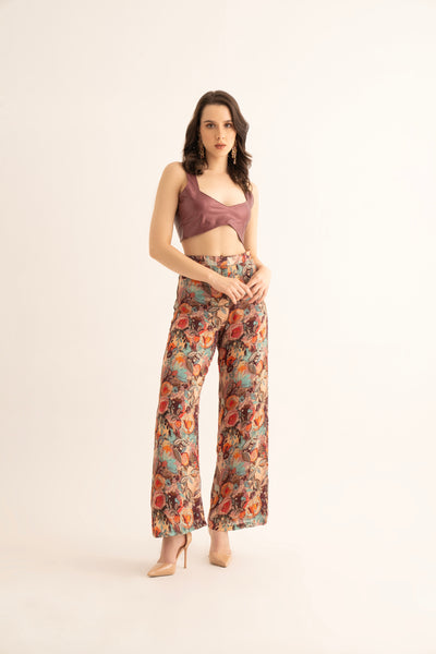 Smudged Floral Chinon Pants and Cherry Red Bralette Co-ord