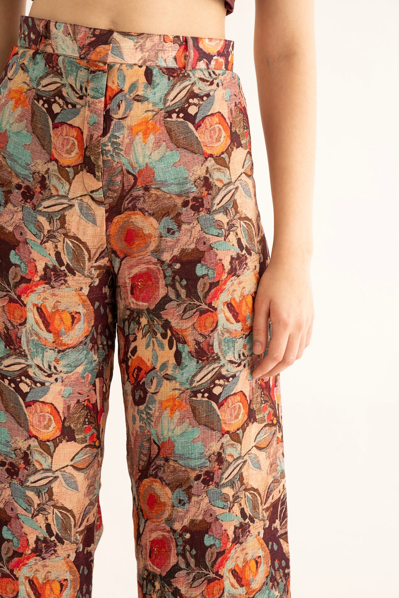 Smudged Floral Chinon Pants and Cherry Red Bralette Co-ord