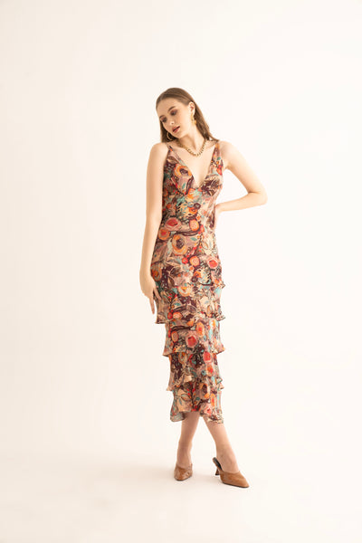 Smudged Floral Maxi Ruffle Dress