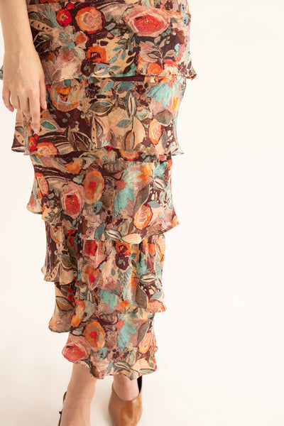 Smudged Floral Maxi Ruffle Dress